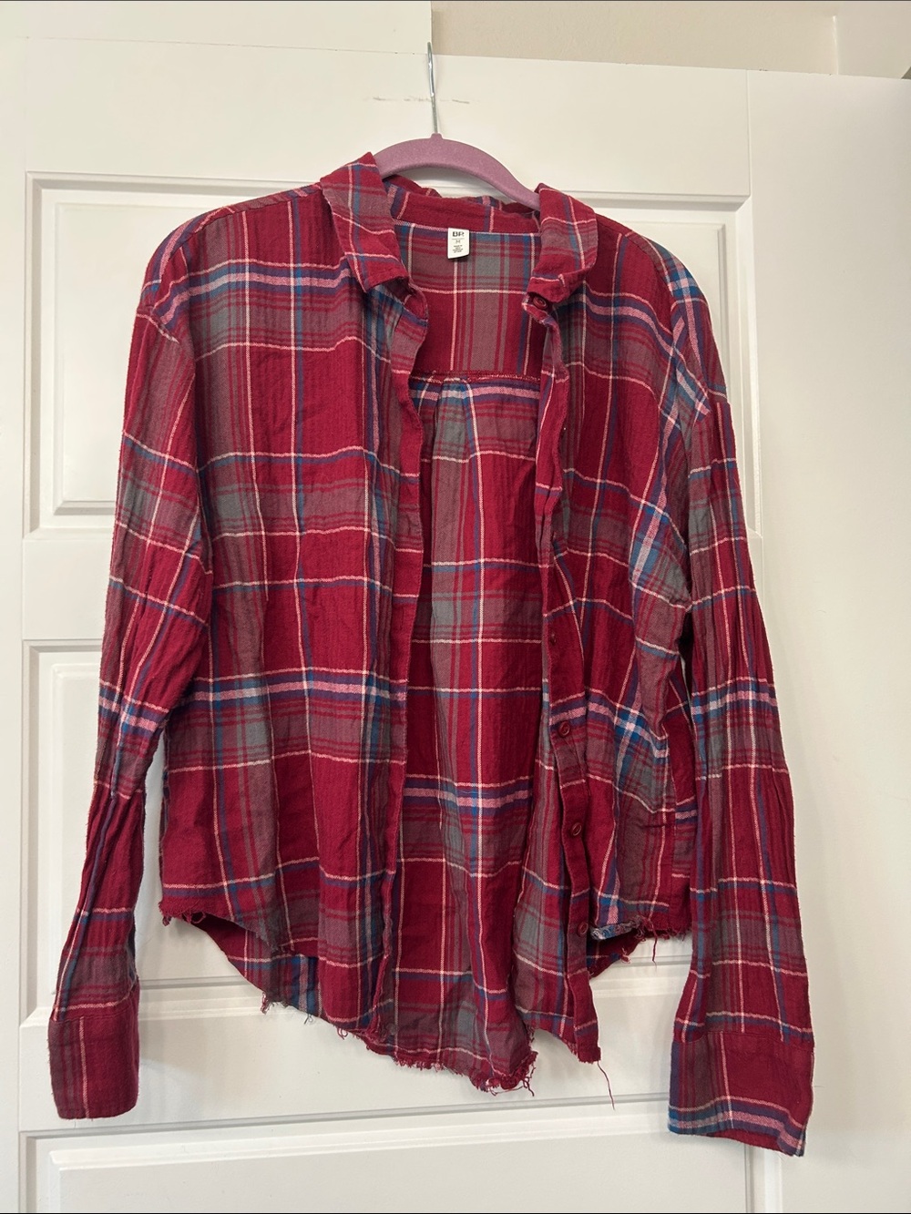 Red Plaid Button-Up Shirt with Blue and Gray Accents